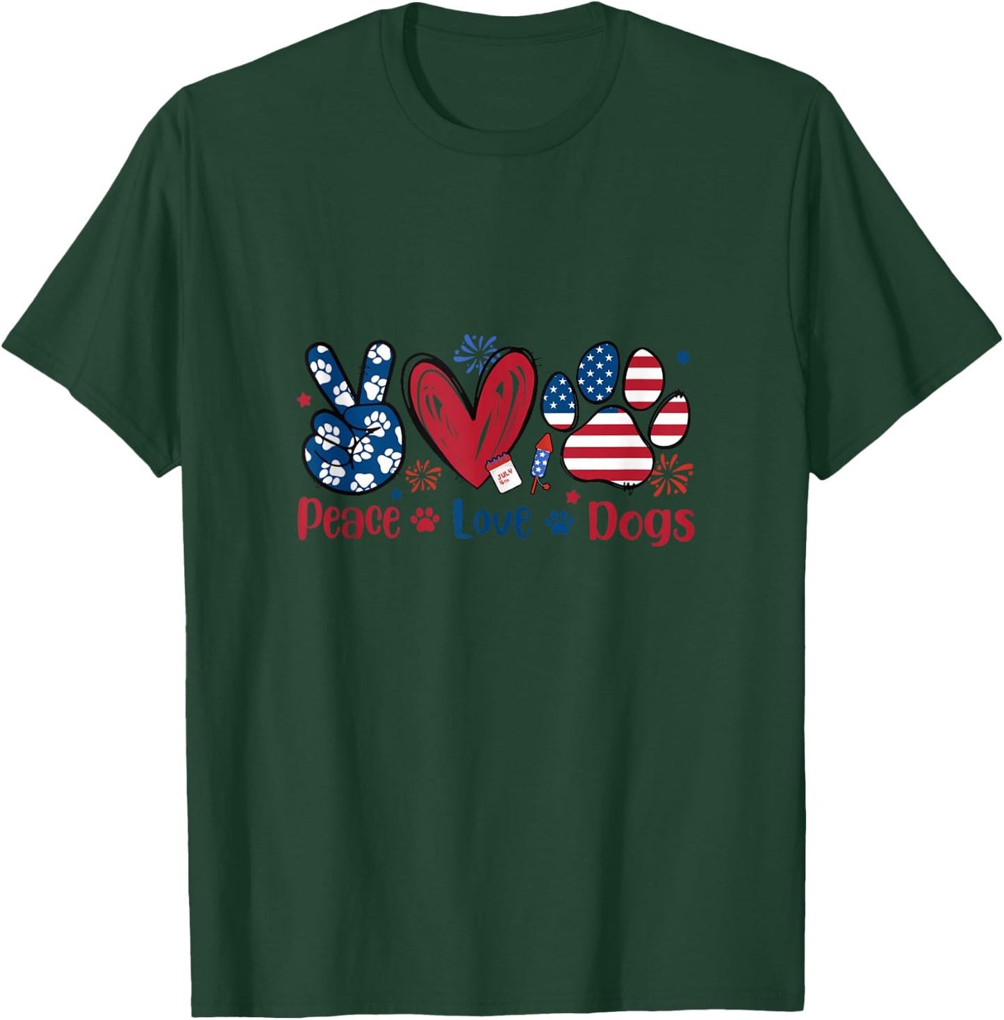 Peace Love Dog Cute Dog Paw Print American Flag 4th Of July T-Shirt - T-Shirt | Forest