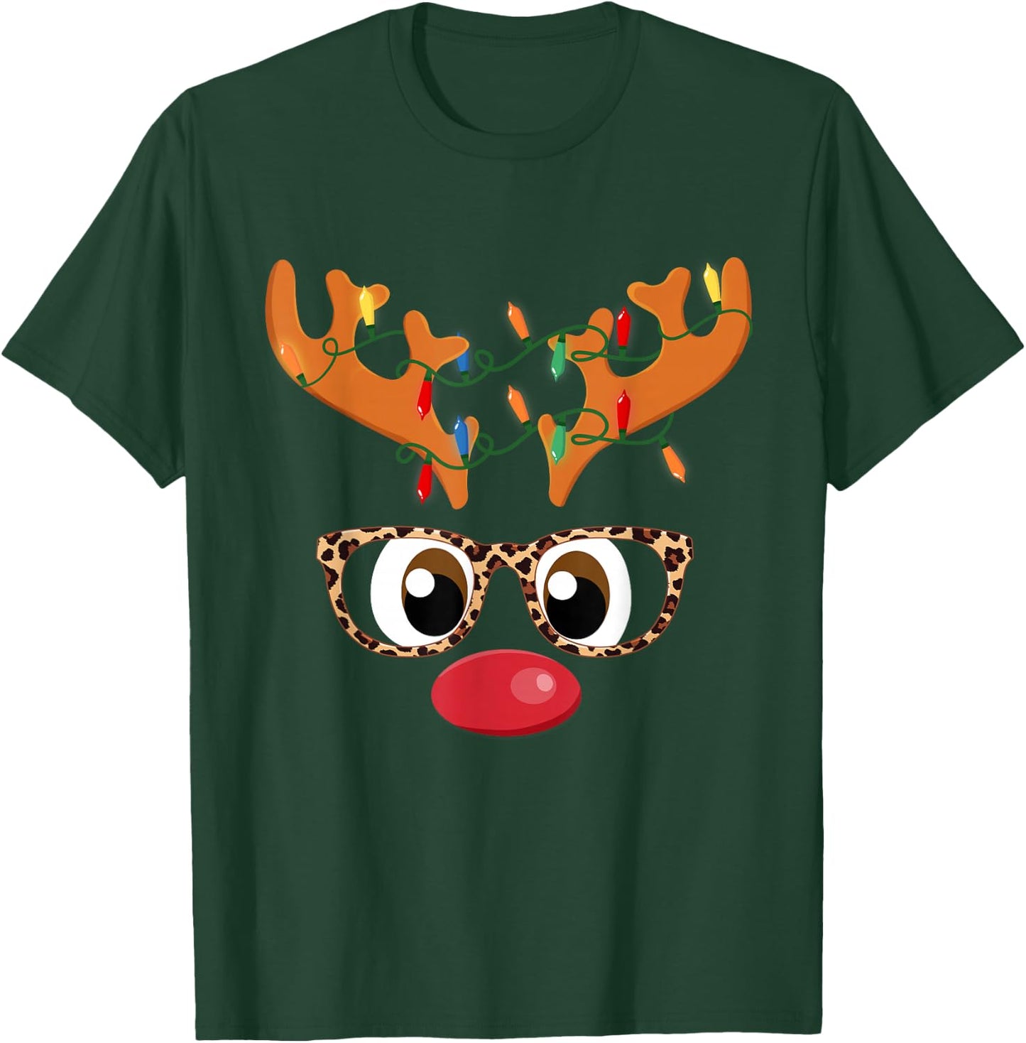 Reindeer Face Glasses Leopard Christmas Costume Girls T-Shirt - T-Shirt | Forest