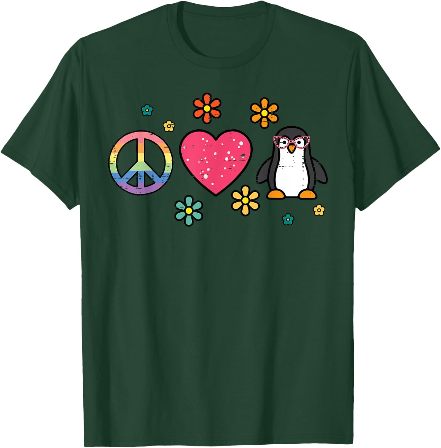 Peace Love Penguin Retro Groovy Hippie Women Girls Kids Men T-Shirt - T-Shirt | Forest
