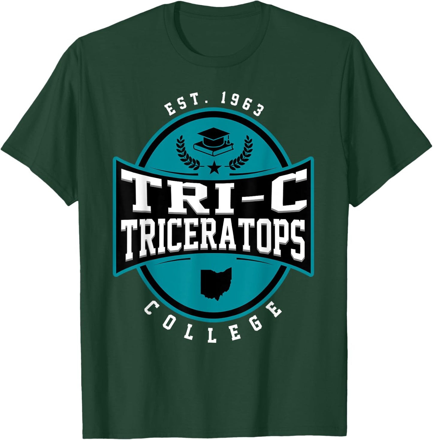 Tri-C Triceratops Cuyahoga Community College Arch Design T-Shirt - T-Shirt | Forest