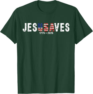 Jesus Saves JesUSAves USA American Flag Patriotic Christian T-Shirt - T-Shirt | Forest