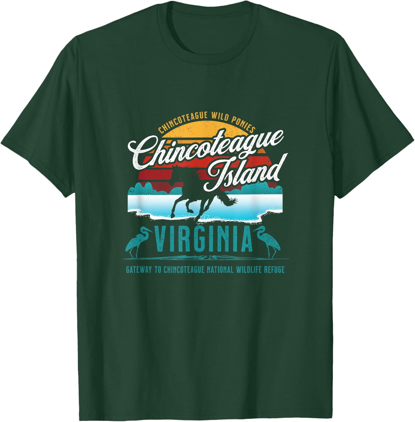 Chincoteague Island Virginia Wild Ponies Retro Sun Souvenir T-Shirt - T-Shirt | Forest