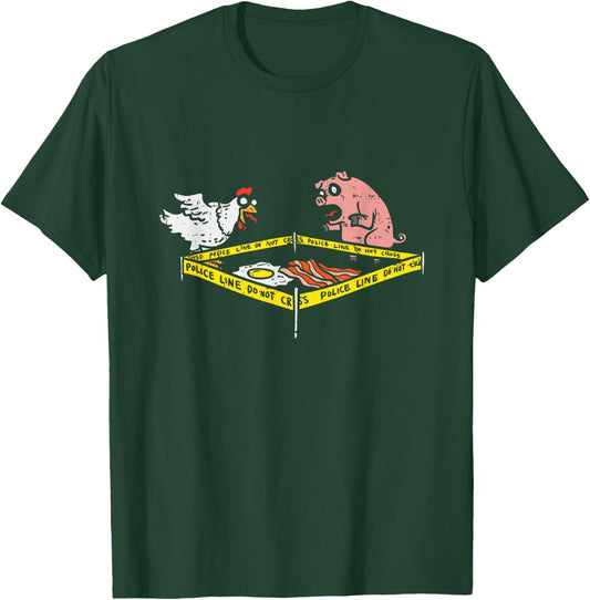 Thriller Crime Police Line Funny Chicken Pig Bacon And Eggs T-Shirt - T-Shirt | Forest