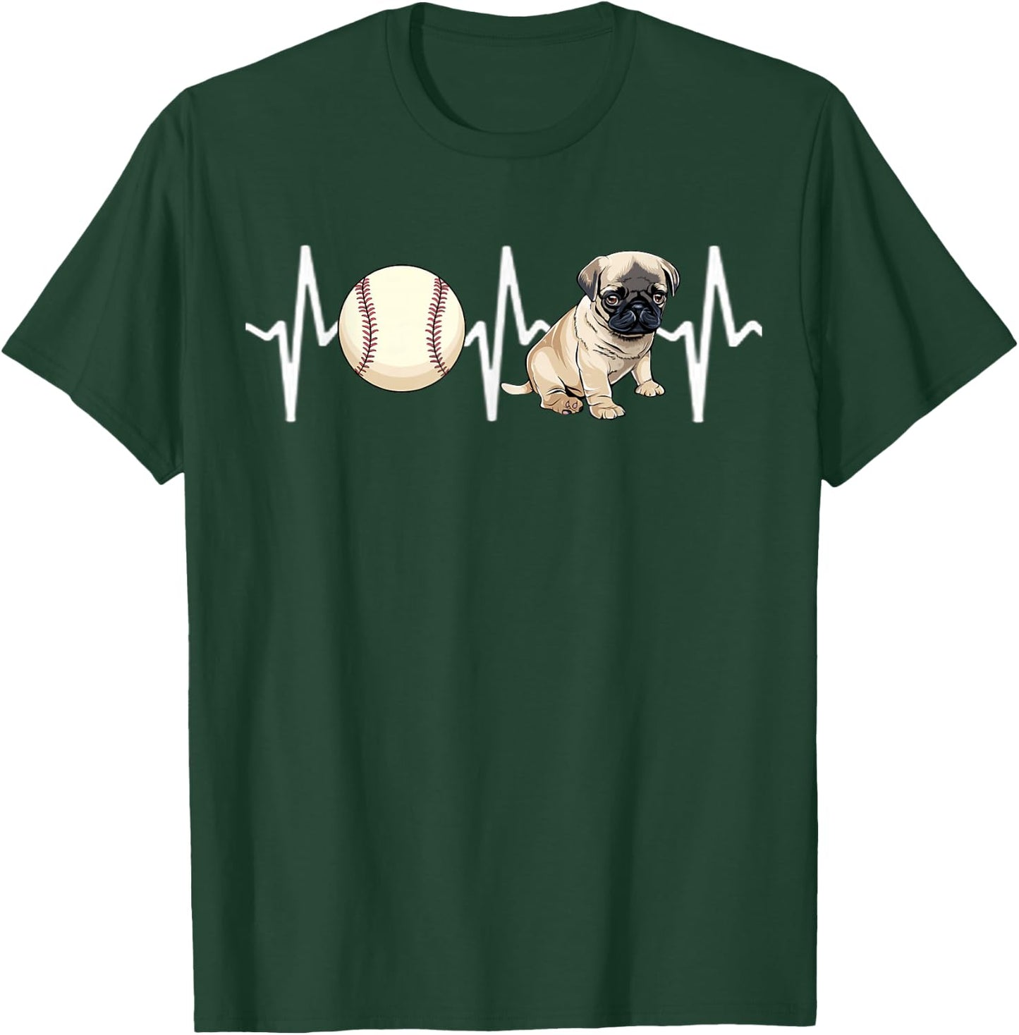 Baseball Pug Heartbeat Dog Lover Women Kids T-Shirt - T-Shirt | Forest