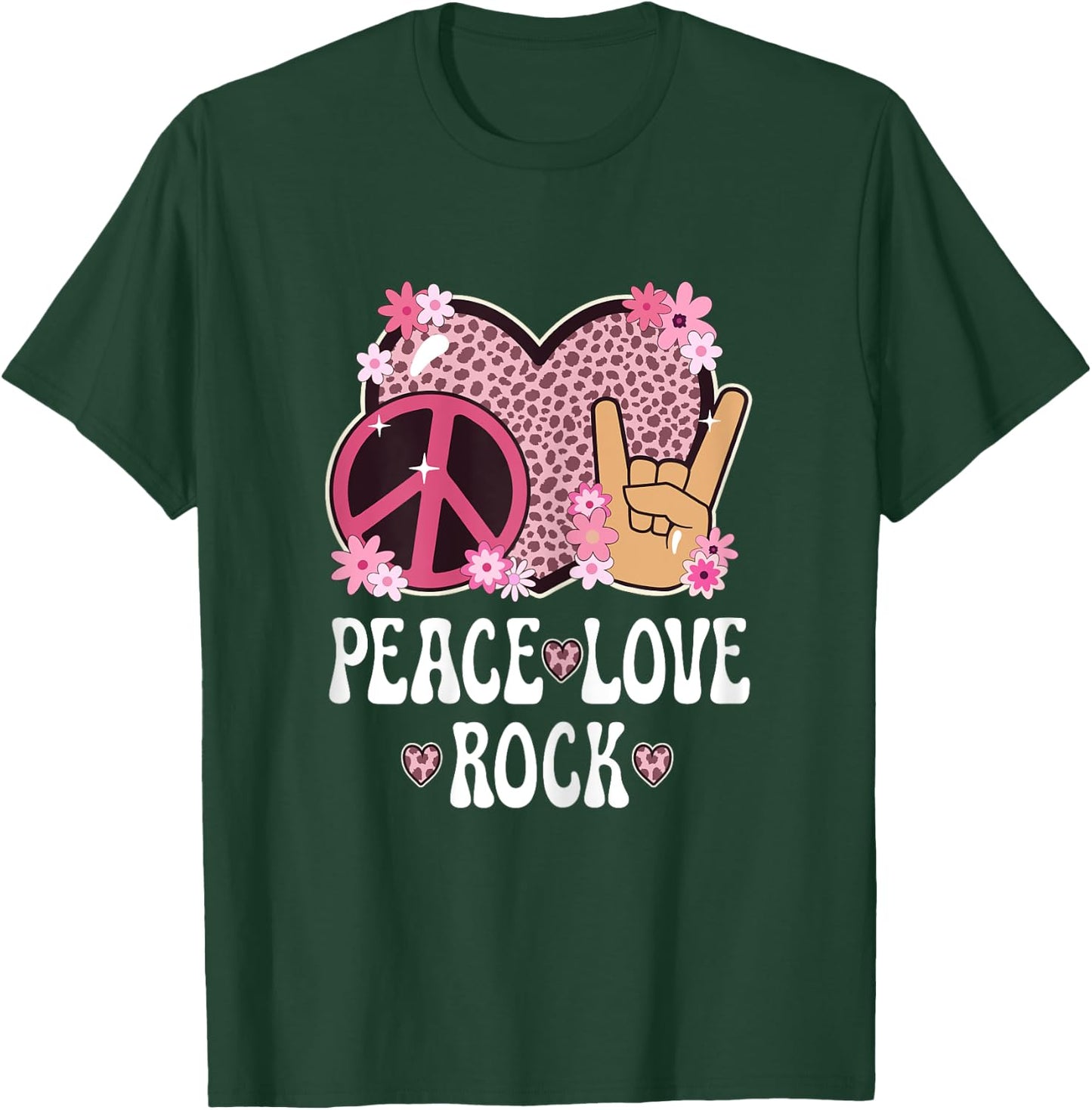 Peace Love Rock And Roll Cheetah Print Women Rock Outfit T-Shirt - T-Shirt | Forest