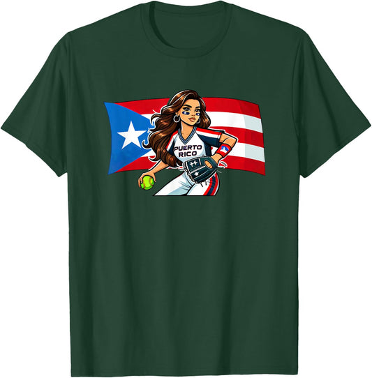 Puerto Rico Softball Baseball Boricua Flag Cute Girl T-Shirt - T-Shirt | Forest