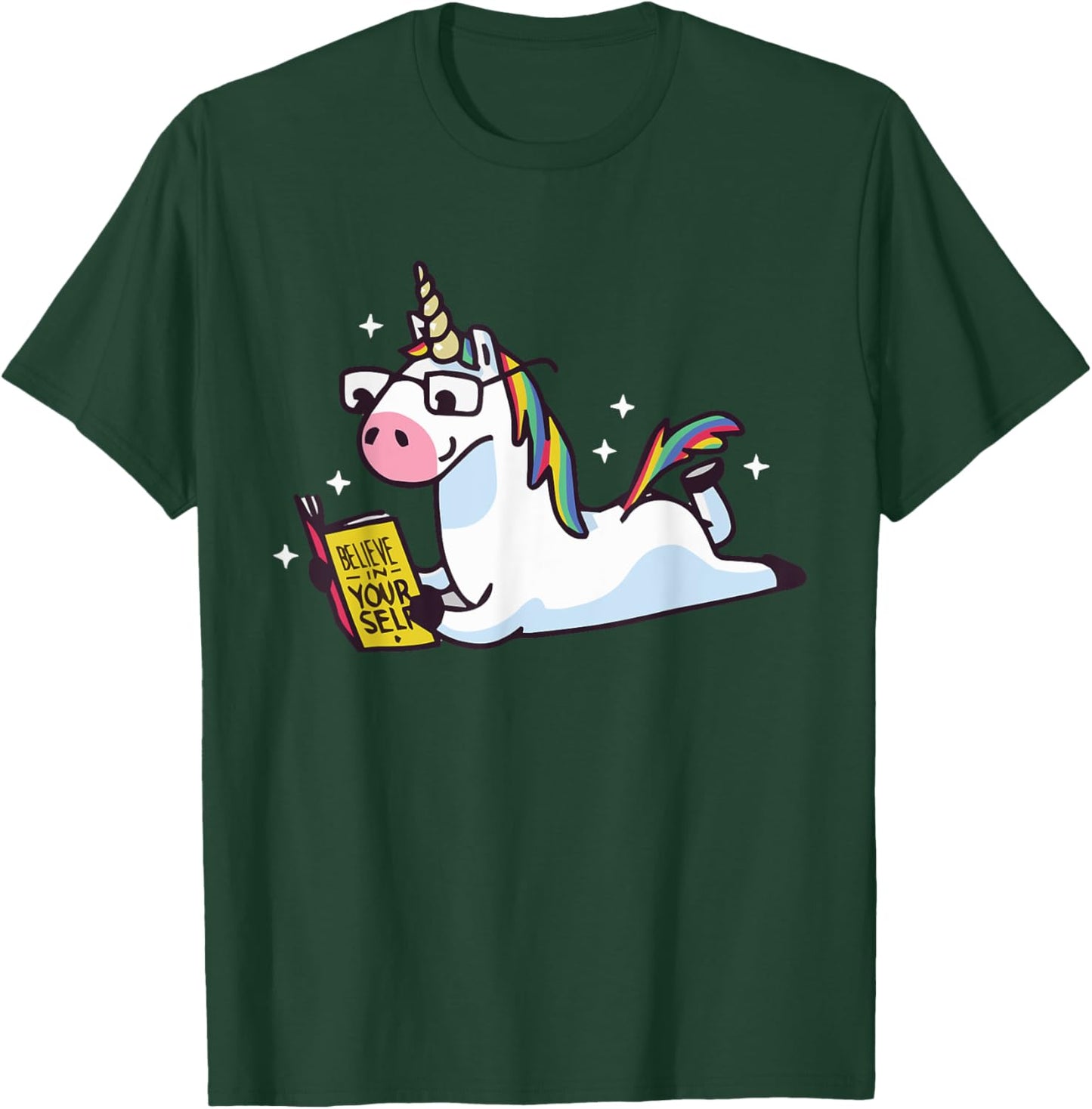 Unicorn Reading Believe in Yourself Motivational T-Shirt - T-Shirt | Forest