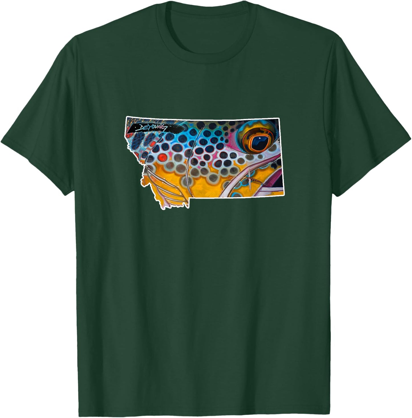 Montana shape Brown Trout Fish Derek DeYoung Art T-Shirt - T-Shirt | Forest