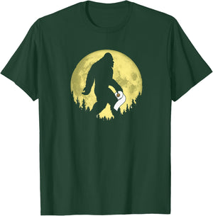 Funny Bigfoot & Toilet Paper Night Time Moon Graphic T-Shirt - T-Shirt | Forest