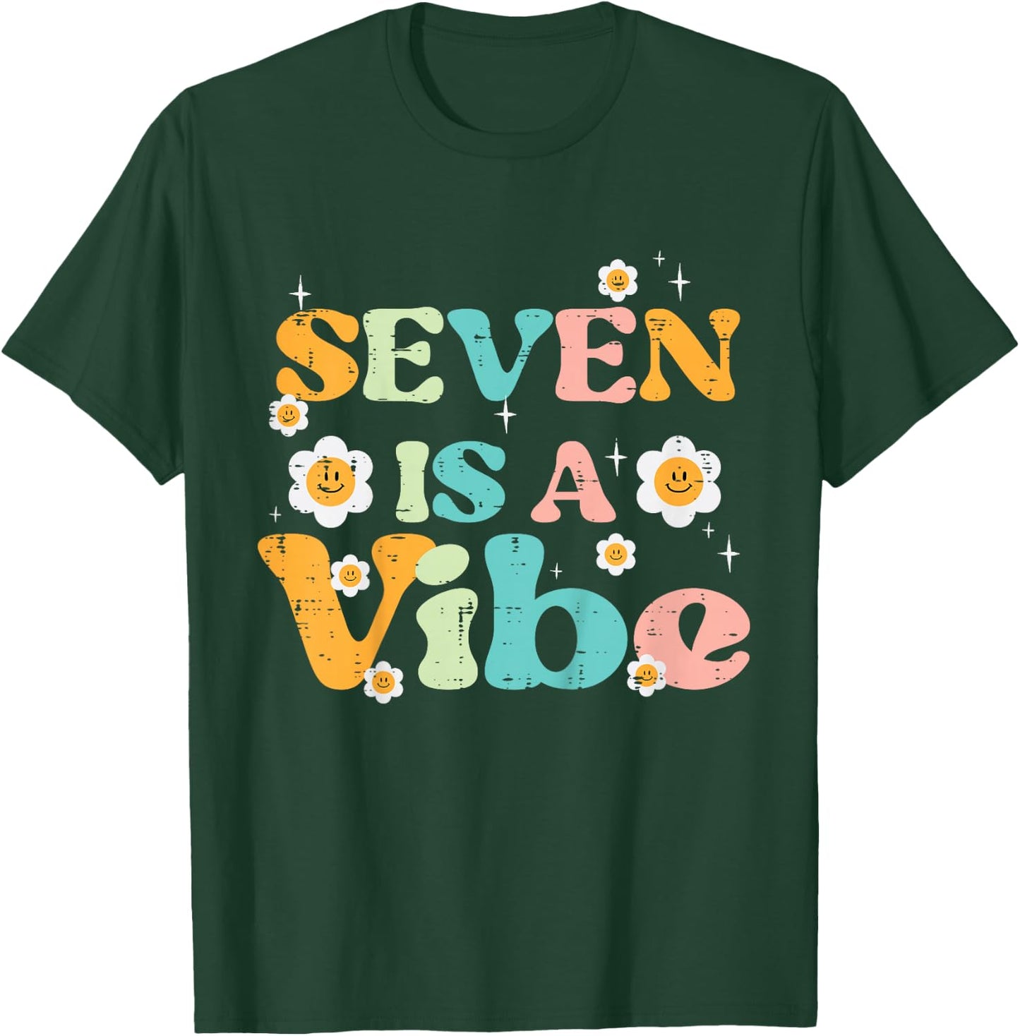 7th Birthday Seven Is A Vibe Retro 7 Bday Groovy Girls Kids T-Shirt - T-Shirt | Forest