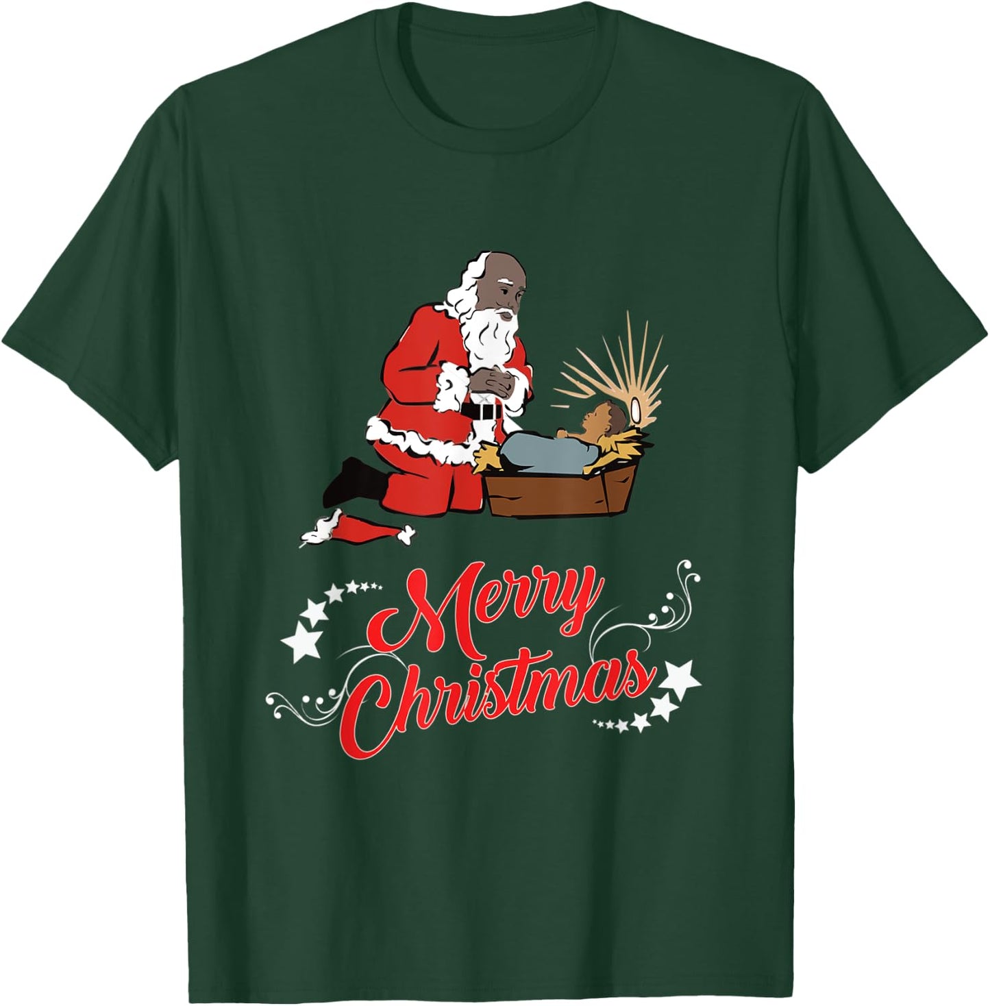 Dark Skin Santa Kneeling And Praying At The Feet Of Jesus T-Shirt - T-Shirt | Forest