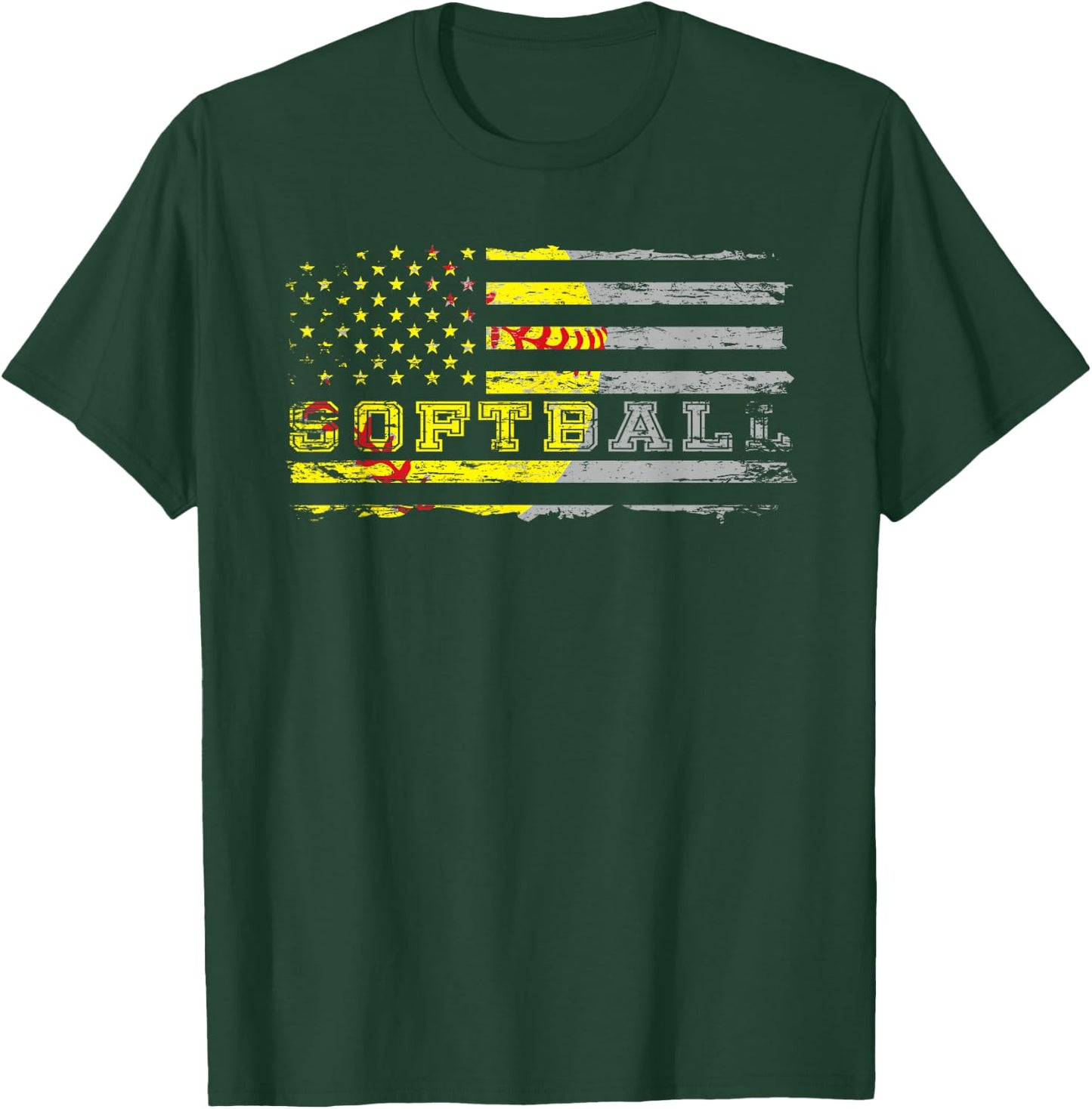 American Flag Softball Fan Team Distressed Gift Women Girls Kids Men T-Shirt - T-Shirt | Forest