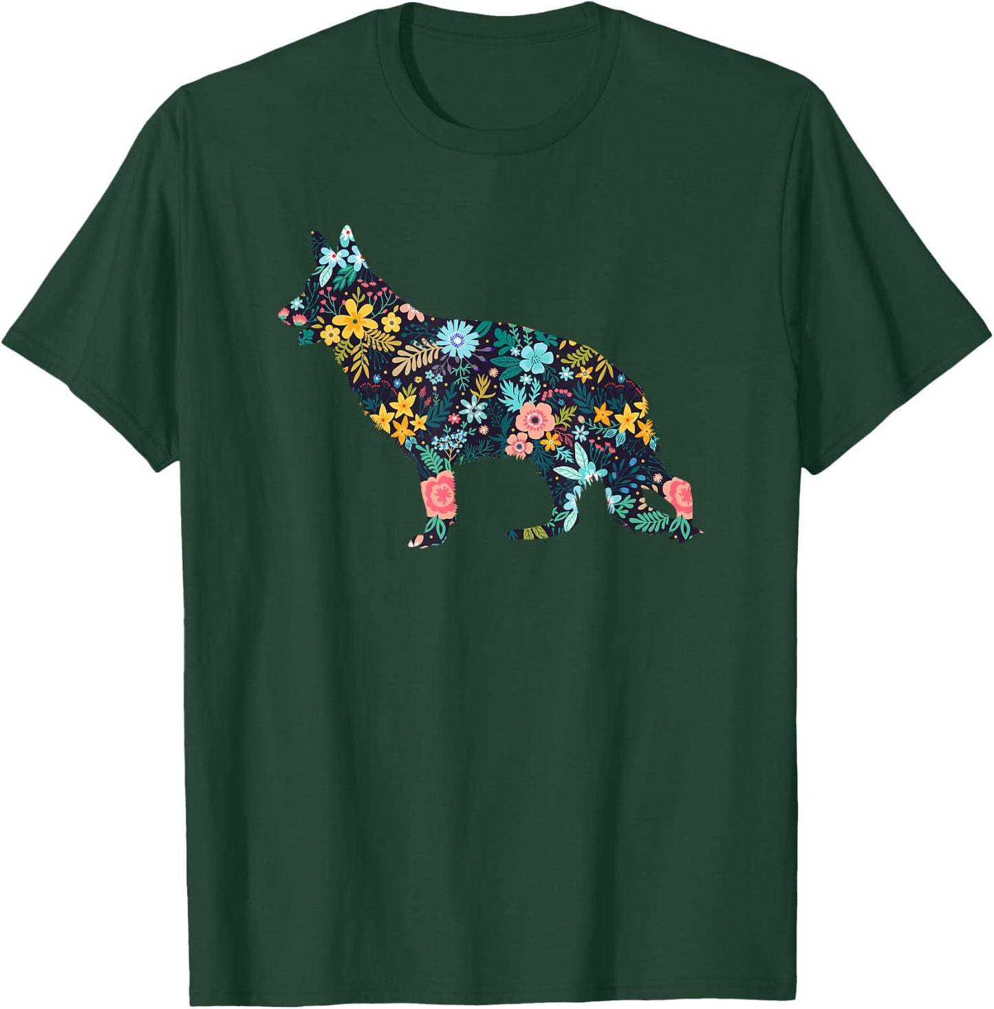 German Shepherd Floral Dog Silhouette Graphic T-Shirt - T-Shirt | Forest