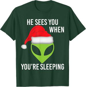 Green Space Alien Head Christmas Santa Hat UFO Mars T-Shirt - T-Shirt | Forest