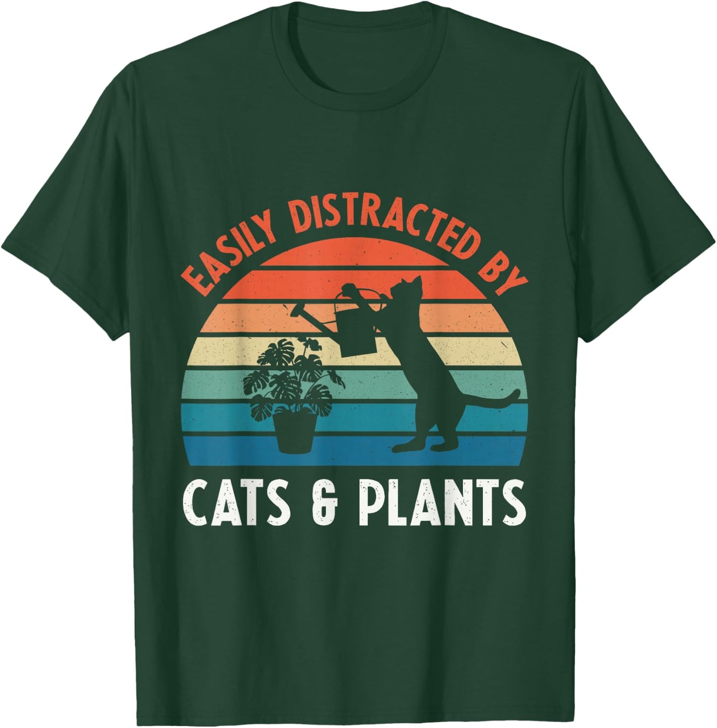 Easily Distracted By Cats & Plants Funny Gardening Cat Lover T-Shirt - T-Shirt | Forest