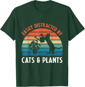 Easily Distracted By Cats & Plants Funny Gardening Cat Lover T-Shirt - T-Shirt | Forest