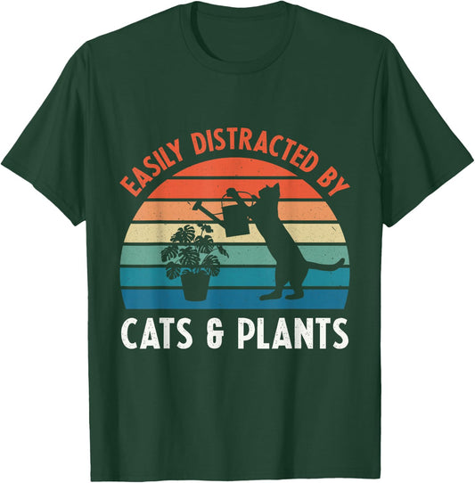 Easily Distracted By Cats & Plants Funny Gardening Cat Lover T-Shirt - T-Shirt | Forest