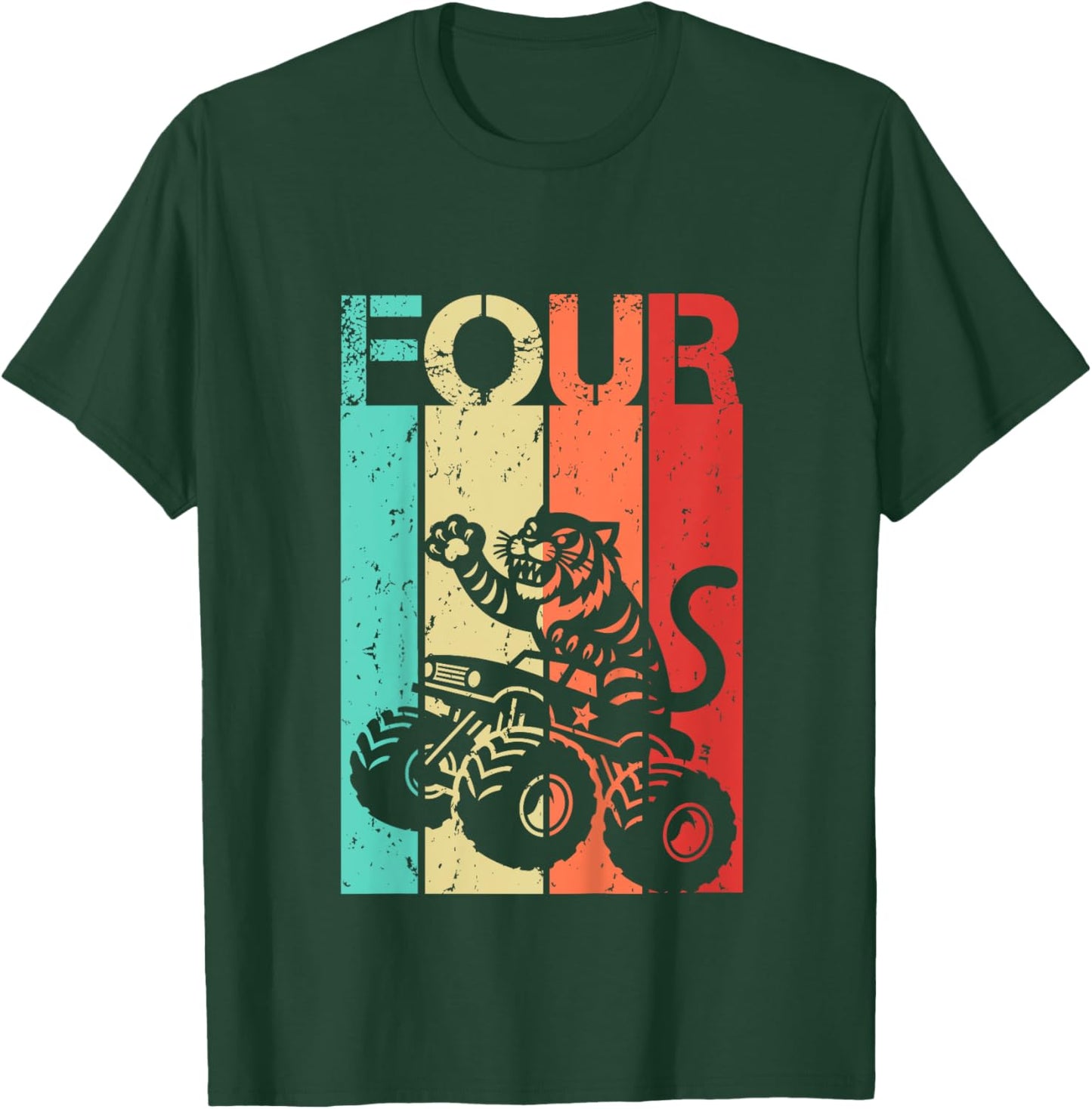 Kids 4th Birthday Boy Girl 4 Year Old Tiger And Monster Truck T-Shirt - T-Shirt | Forest