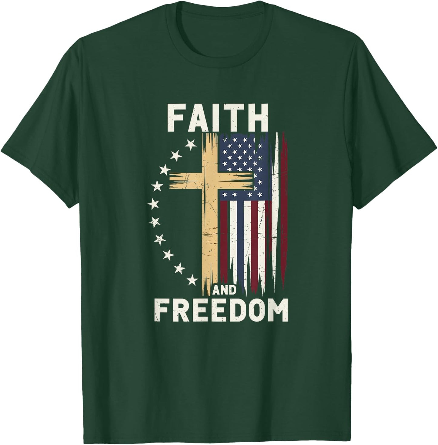 Faith and Freedom Patriotic Christian USA Flag Graphic Cross T-Shirt - T-Shirt | Forest