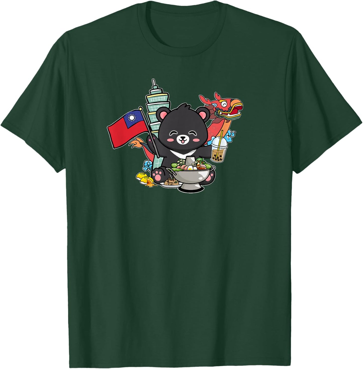 Kawaii Hot Pot Boba Bear Taiwan Flag Travel T-Shirt - T-Shirt | Forest