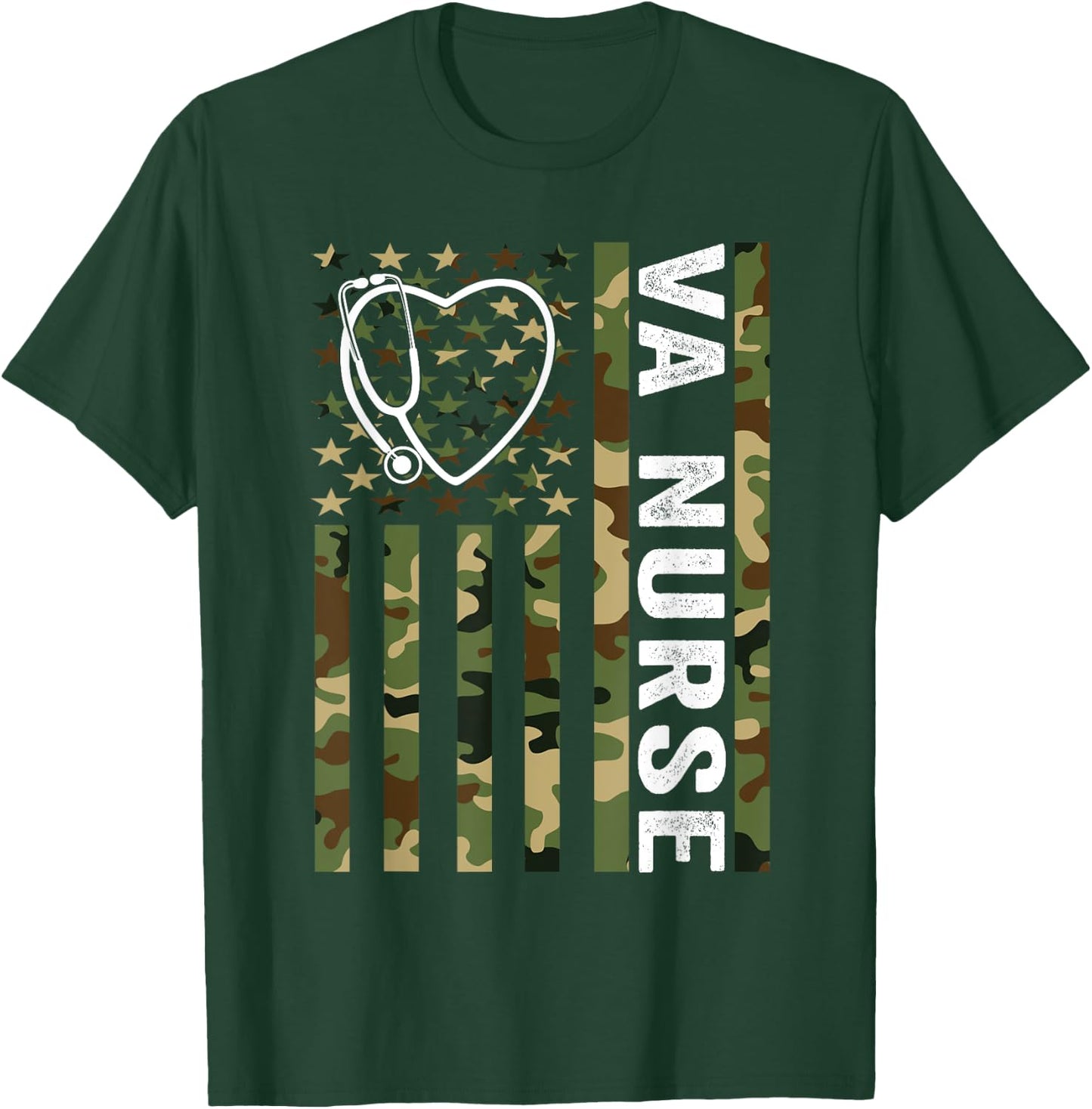 VA Nurse Camouflage American Flag Patriotic Medical Worker T-Shirt - T-Shirt | Forest