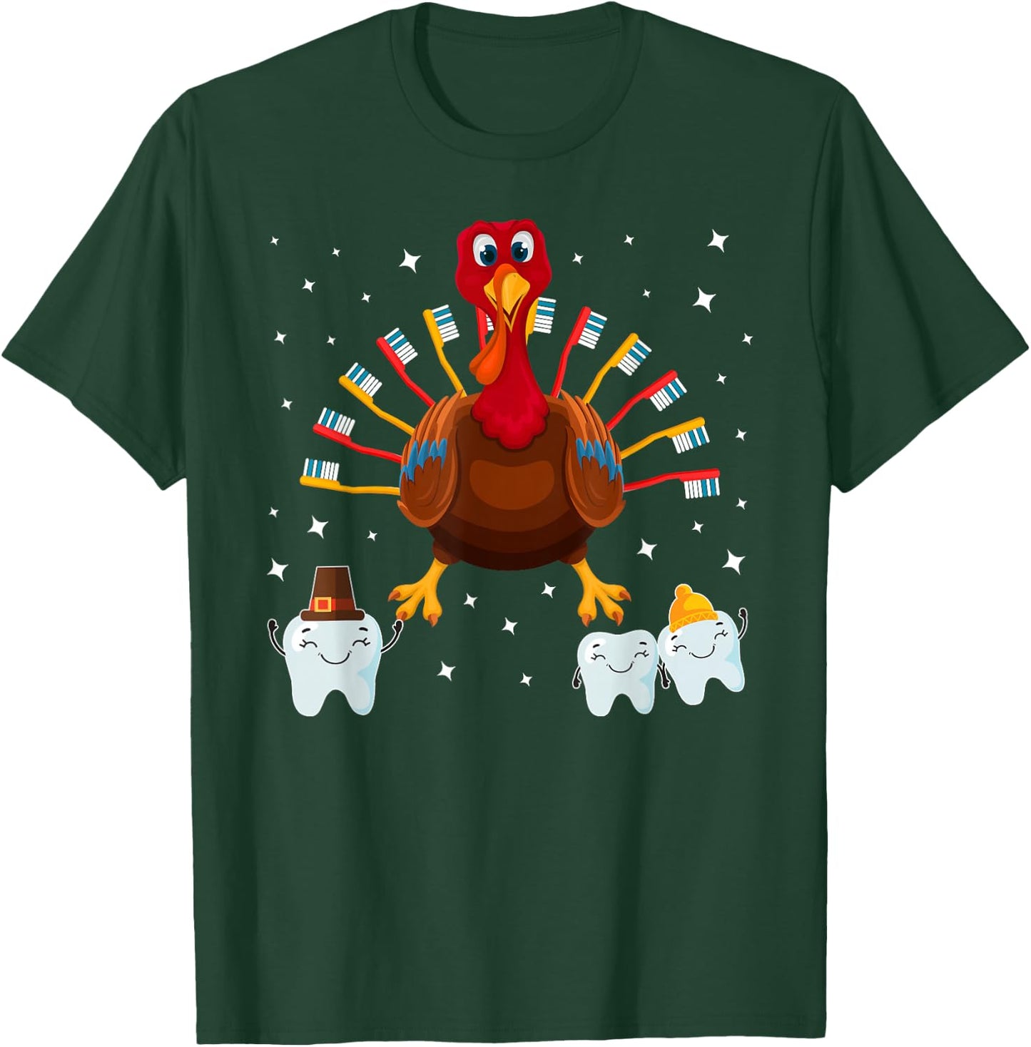 Happy Thanksgiving Cute Turkey Teeth Toothbrush Dental T-Shirt - T-Shirt | Forest