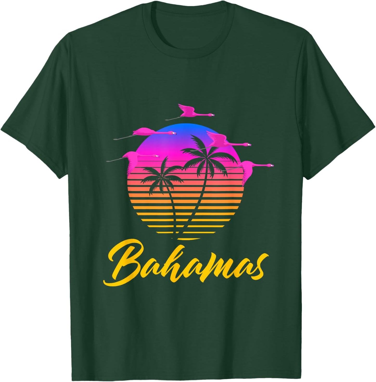 Bahamas Caribbean Retro Sunset Palm Tree Flamingo Vacation T-Shirt - T-Shirt | Forest