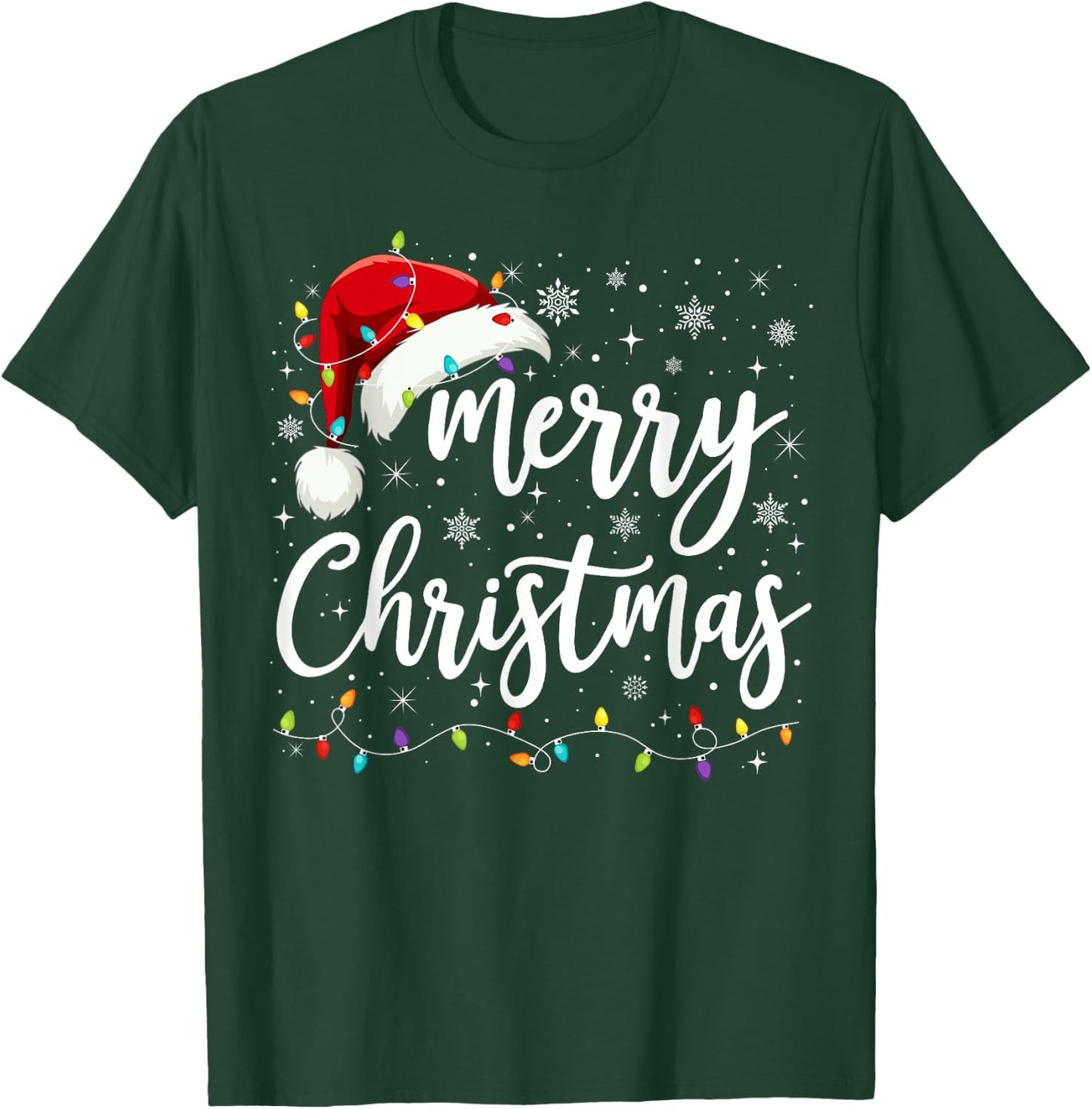 Merry Christmas Lights Red Santa Hat Xmas Family Men Women T-Shirt - T-Shirt | Forest