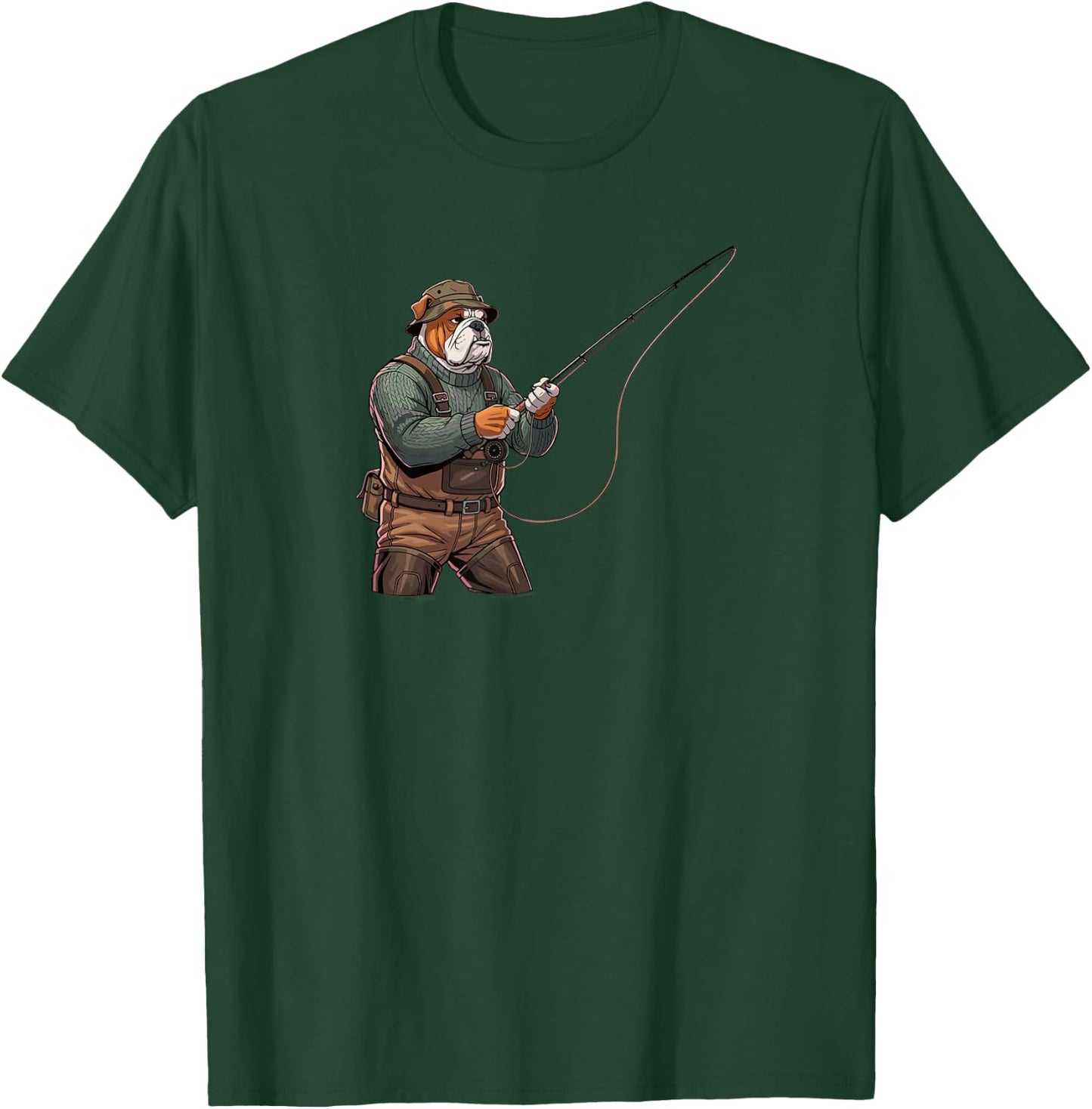 Fly Fishing Bulldog Waders River Angler Dog T-Shirt - T-Shirt | Forest