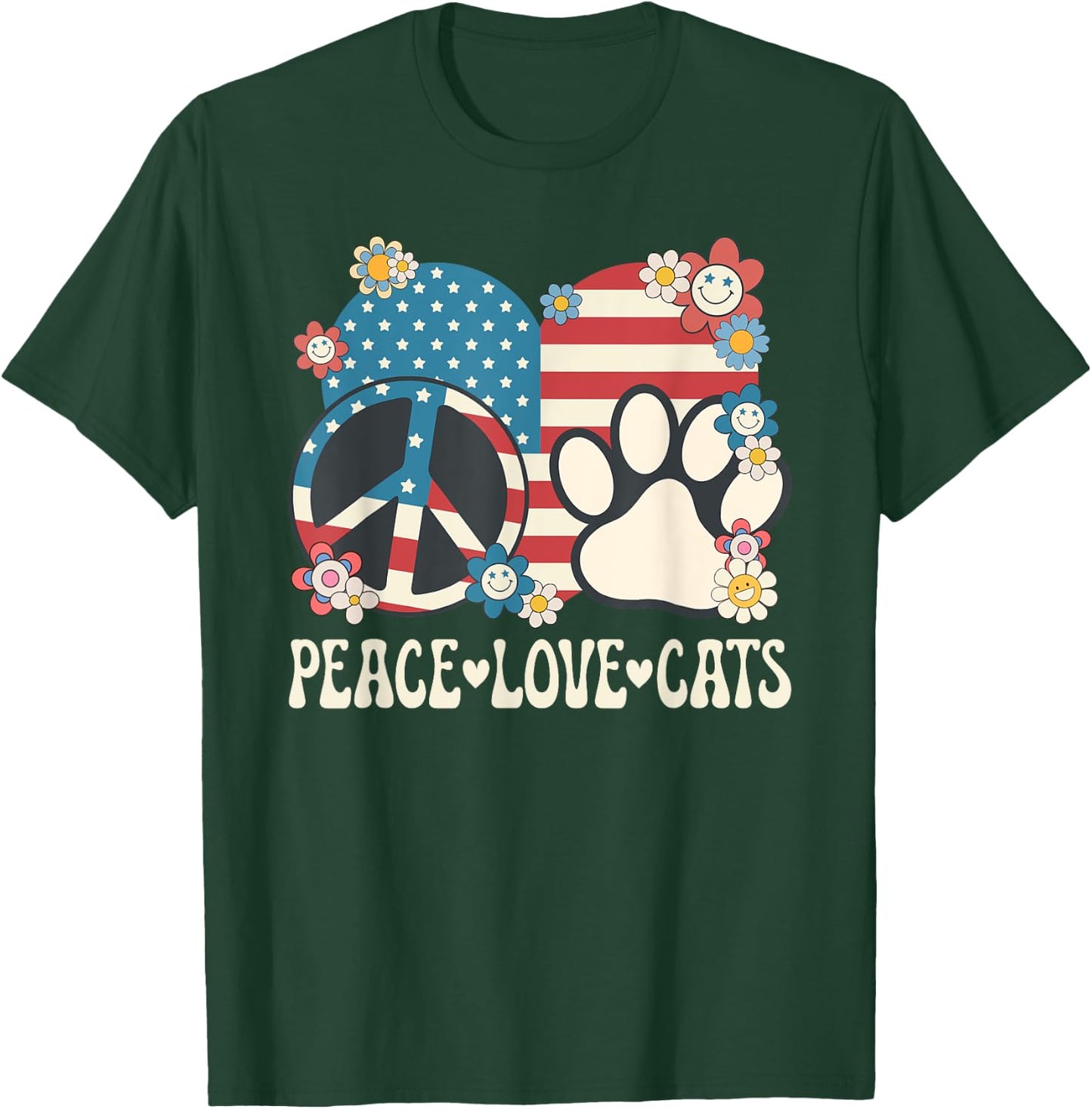 Peace Love Cats American Flag Patriotic Cat Lover Retro Cat Women Girls Kids T-Shirt - T-Shirt | Forest