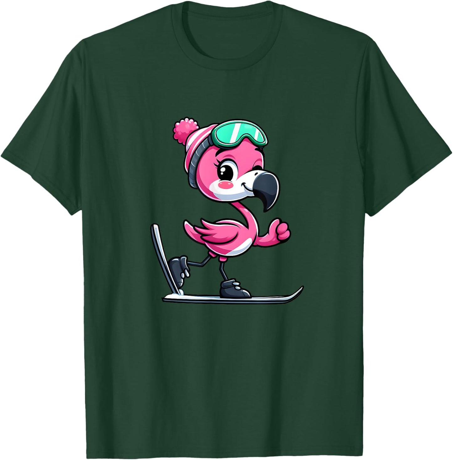 Comic Flamingo Skier T-Shirt - T-Shirt | Forest