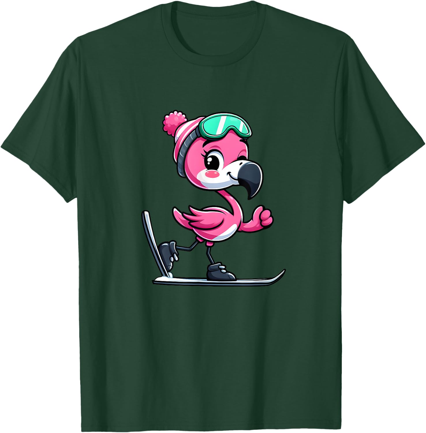 Comic Flamingo Skier T-Shirt - T-Shirt | Forest