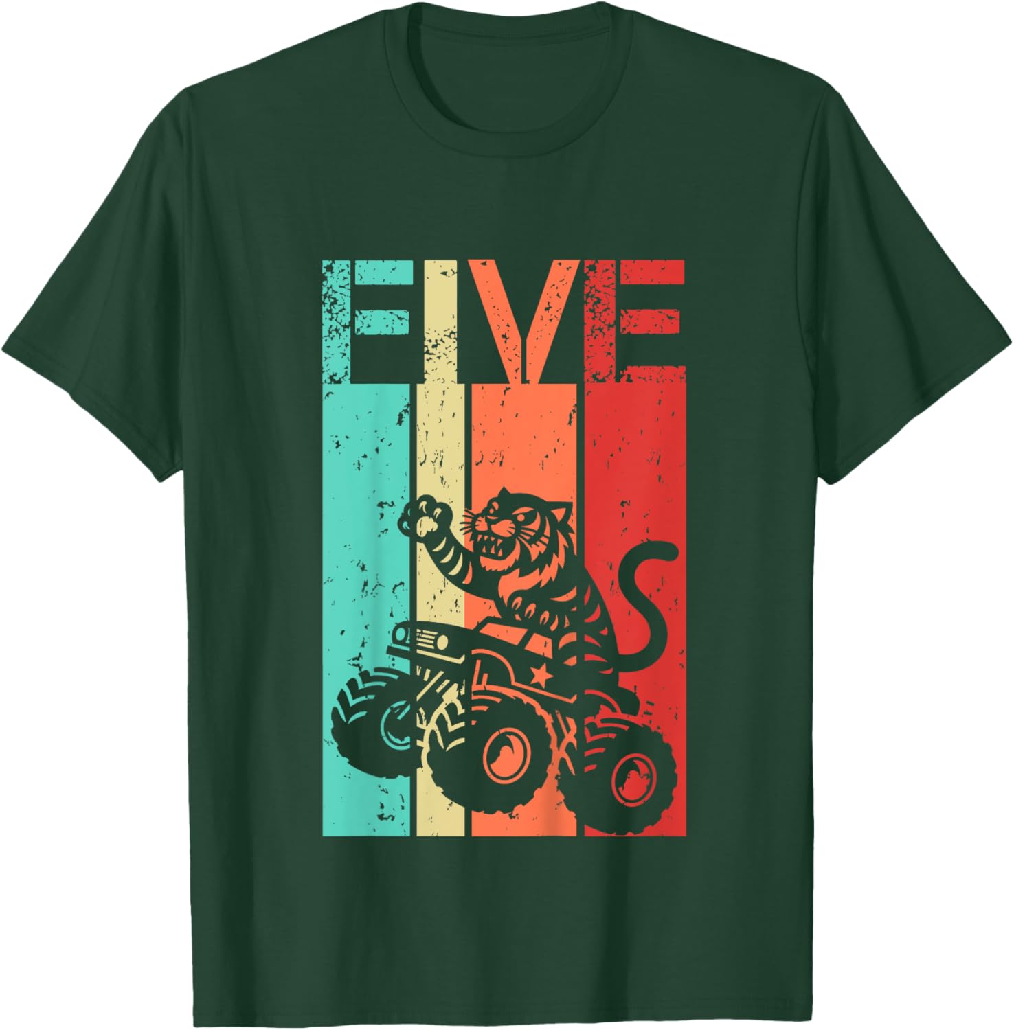 5th Birthday Boy Girl 5 Year Old Tiger And Monster Truck T-Shirt - T-Shirt | Forest