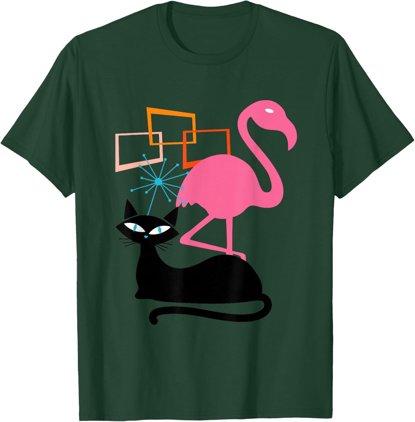 Flamingo and Cat Midcentury Mid Century Stardust Modern T-Shirt - T-Shirt | Forest