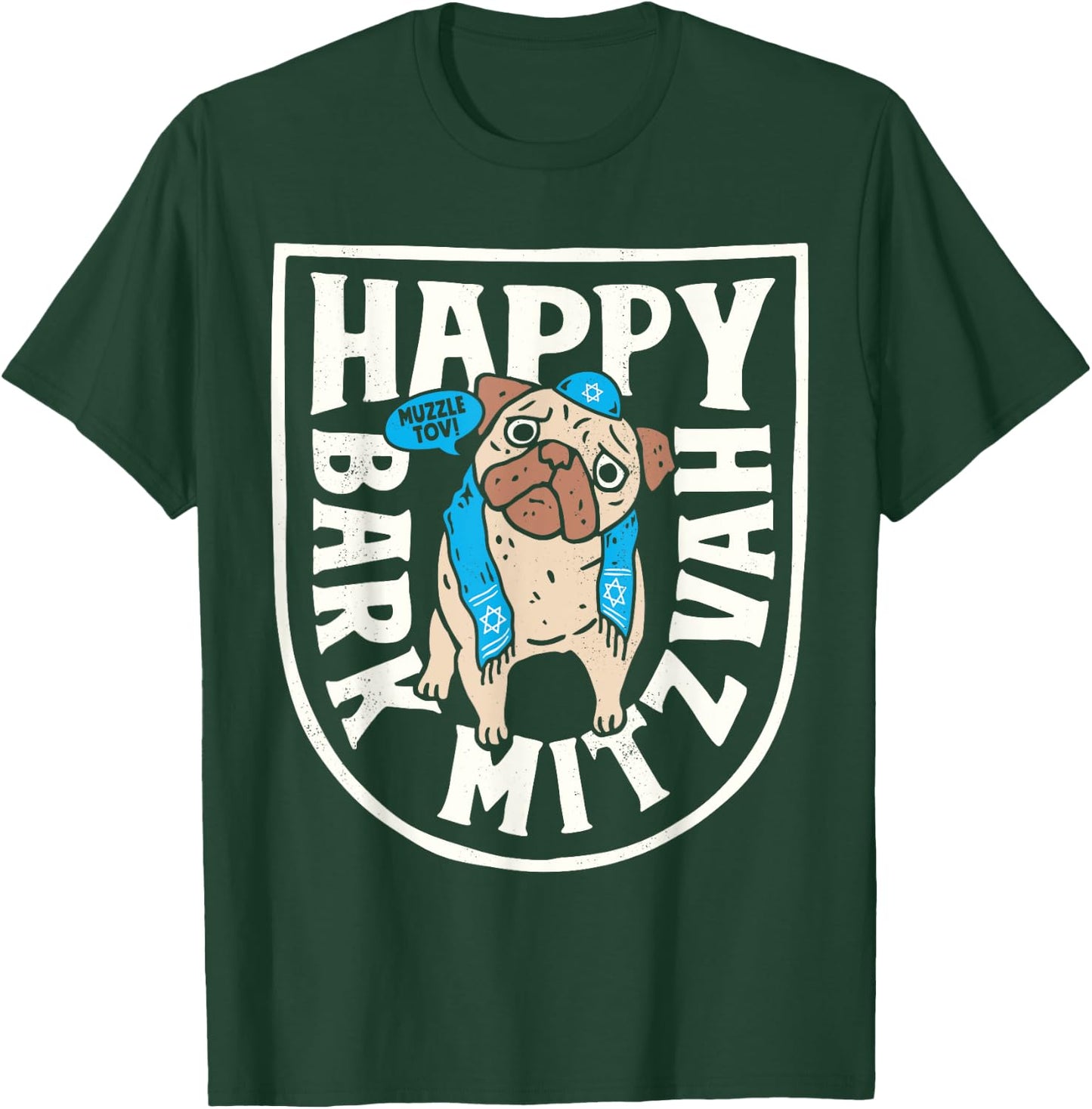 Hanukkah Pug Happy Bark Mitzvah Funny Jewish Chanukah Dog T-Shirt - T-Shirt | Forest