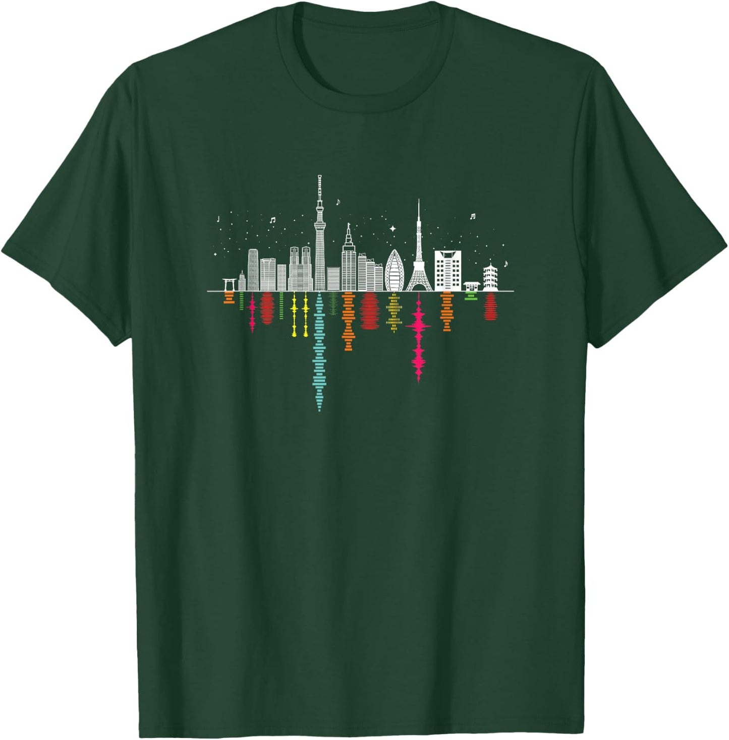Tokyo Japan Night Skyline - Music & Sound Wave Reflections T-Shirt - T-Shirt | Forest