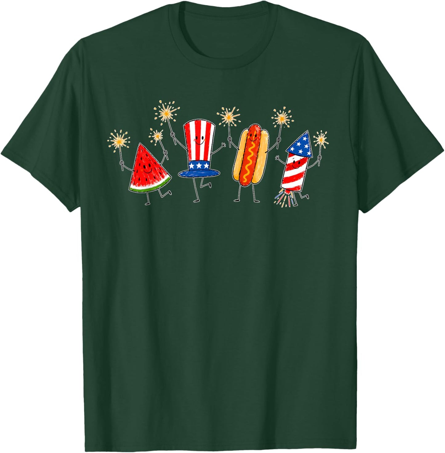Fourth of July Patriotic Doodle Watermelon Hotdog Firework T-Shirt - T-Shirt | Forest