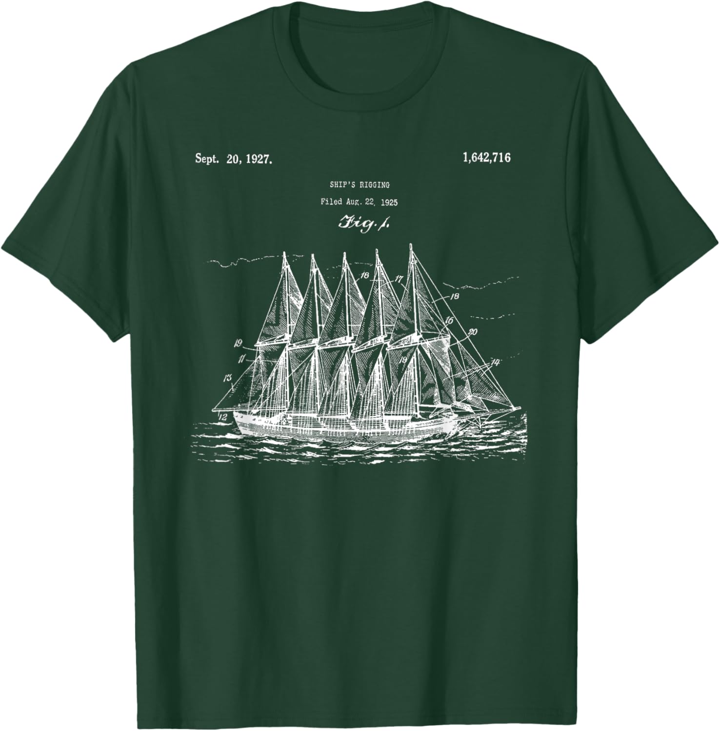 Vintage Ship Rigging Blueprint Shirt - Old Ocean Sailboat T-Shirt - T-Shirt | Forest