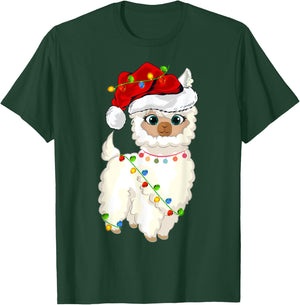 Xmas Lights Santa Hat Llama Christmas T-Shirt - T-Shirt | Forest