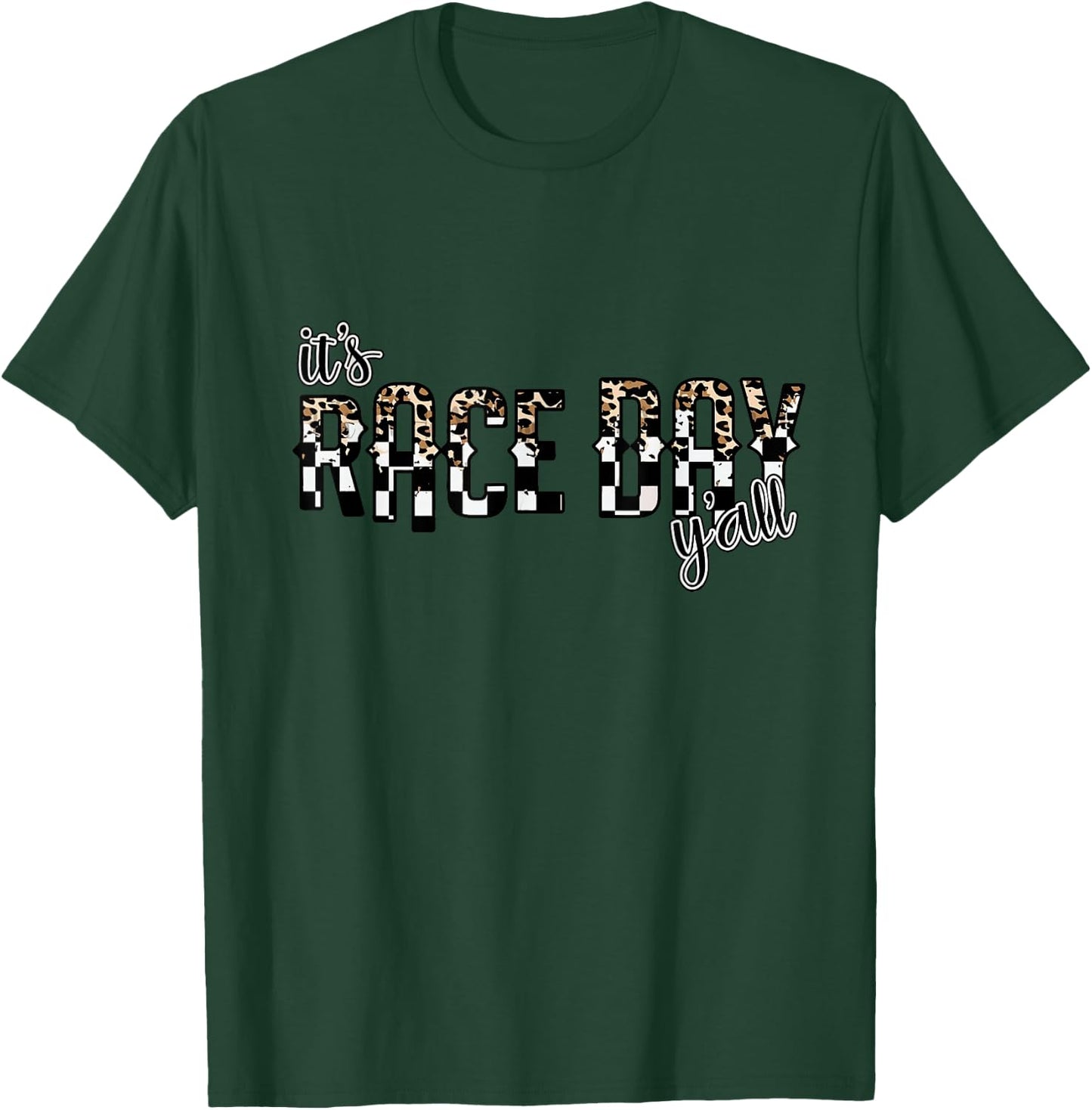 Leopard It's Race Day Y'all, Checkered Flag Racing T-Shirt - T-Shirt | Forest