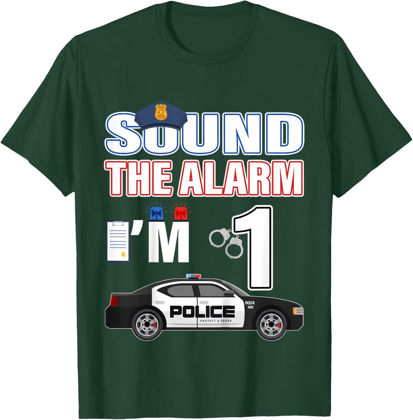Police Car 1st Birthday Boy 1 year old Cop Policeman Officer T-Shirt - T-Shirt | Forest