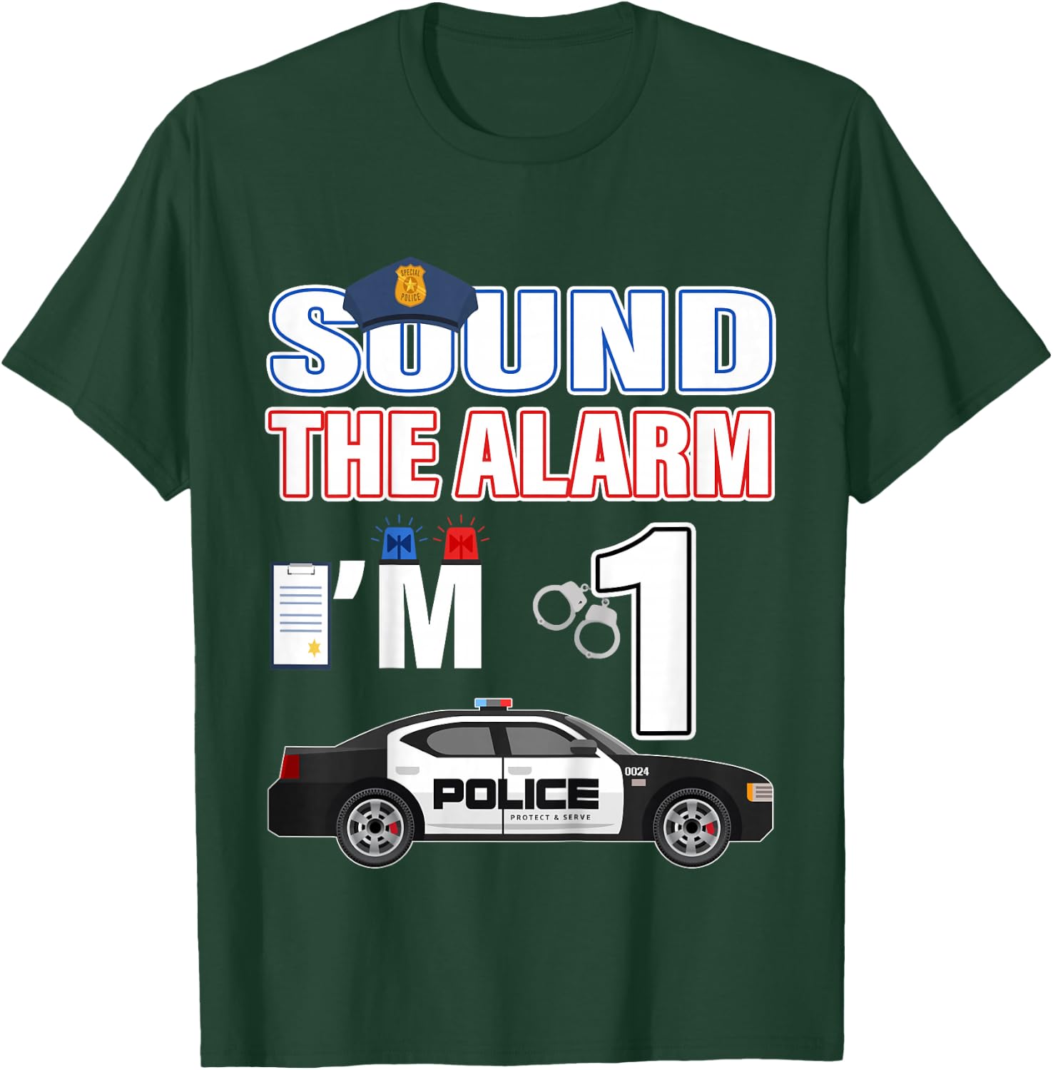 Police Car 1st Birthday Boy 1 year old Cop Policeman Officer T-Shirt - T-Shirt | Forest