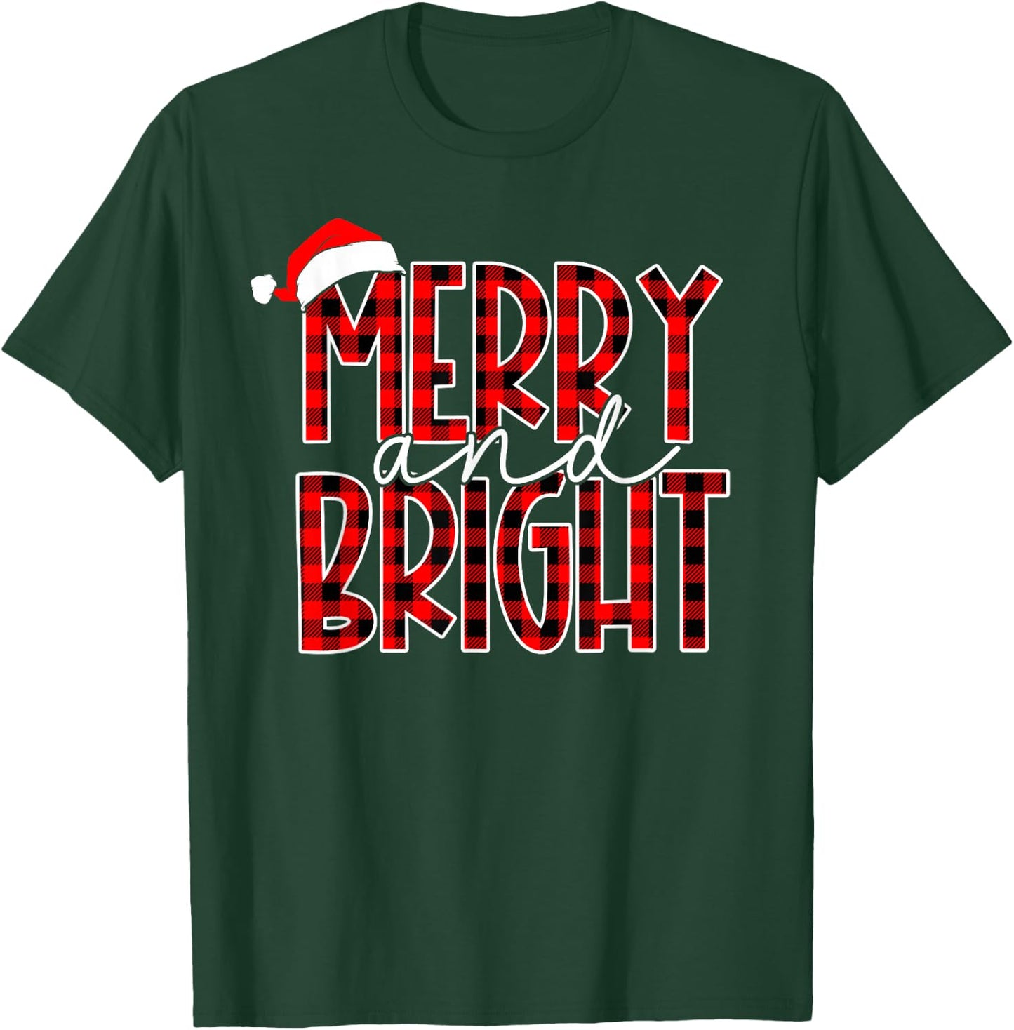 Merry and Bright Buffalo Plaid Red Santa Hat Christmas Xmas T-Shirt - T-Shirt | Forest
