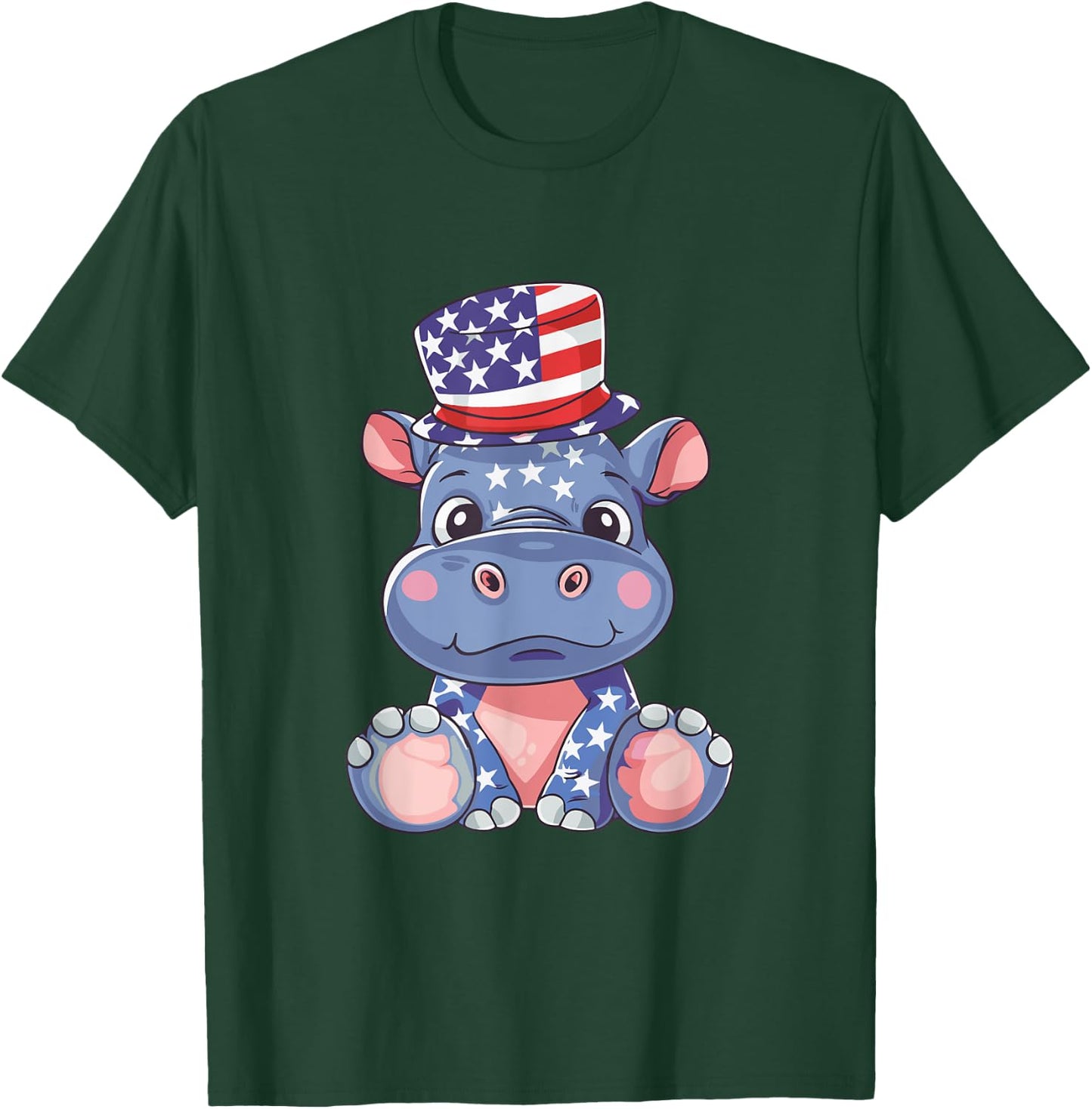 Cute Hippo USA Flag | 4th Of July T-Shirt - T-Shirt | Forest
