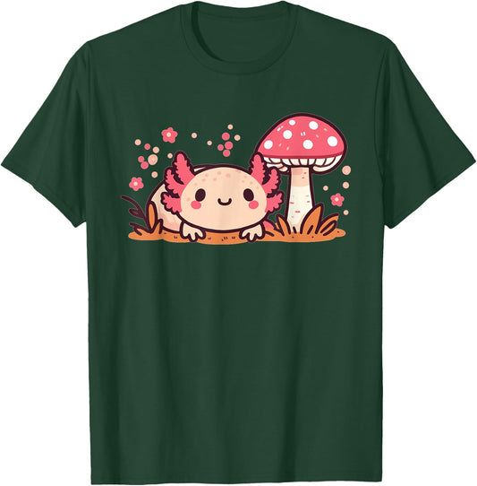 Cute Cottage Core Axolotl With Mushroom T-Shirt - T-Shirt | Forest