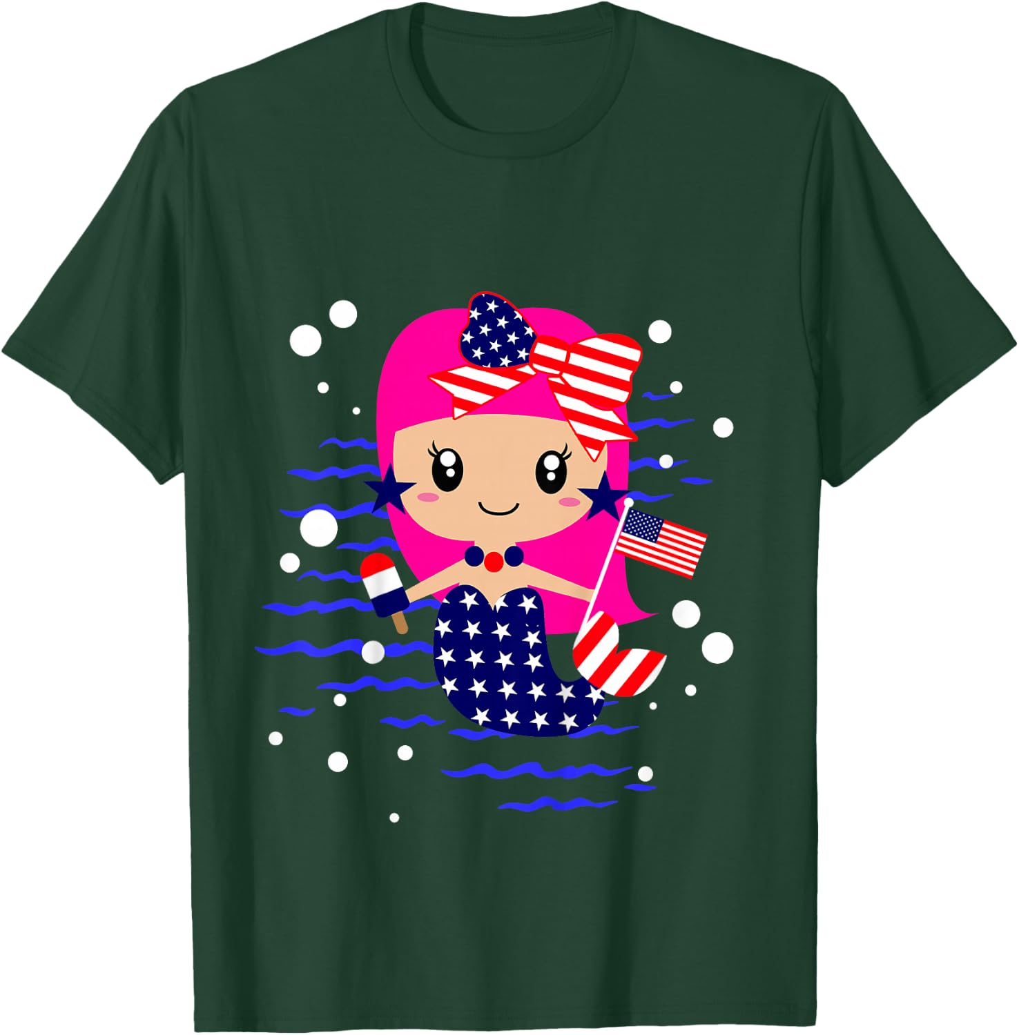 Girls 4th of July Cute Mermaid Toddler Patriotic Baby Flag T-Shirt - T-Shirt | Forest