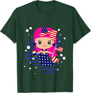 Girls 4th of July Cute Mermaid Toddler Patriotic Baby Flag T-Shirt - T-Shirt | Forest