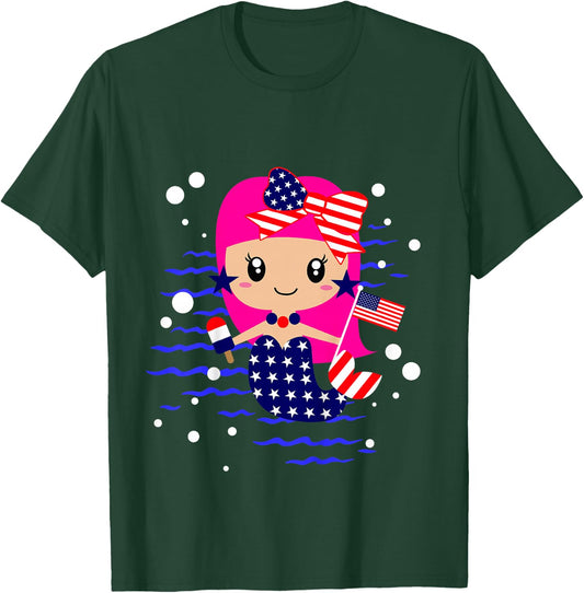 Girls 4th of July Cute Mermaid Toddler Patriotic Baby Flag T-Shirt - T-Shirt | Forest