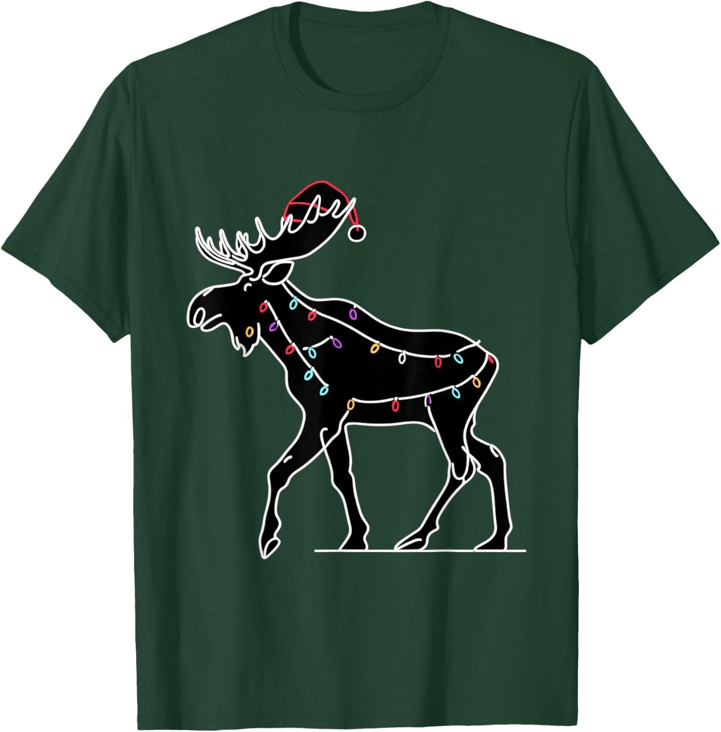 Moose Santa Hat Christmas Tree Lights Ugly Pajama Lover T-Shirt - T-Shirt | Forest
