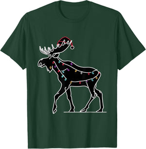 Moose Santa Hat Christmas Tree Lights Ugly Pajama Lover T-Shirt - T-Shirt | Forest